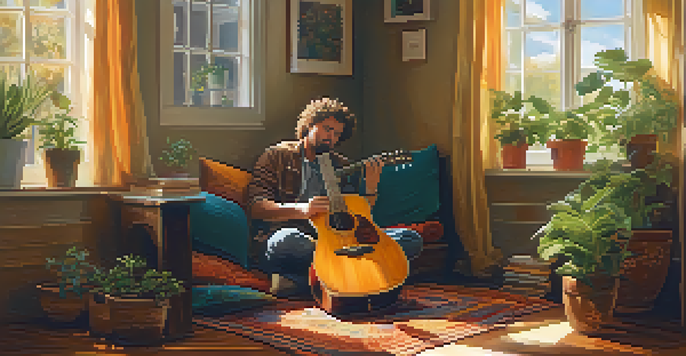 A musician sitting on a rug, playing an acoustic guitar by a sunlit window with plants and cushions around.