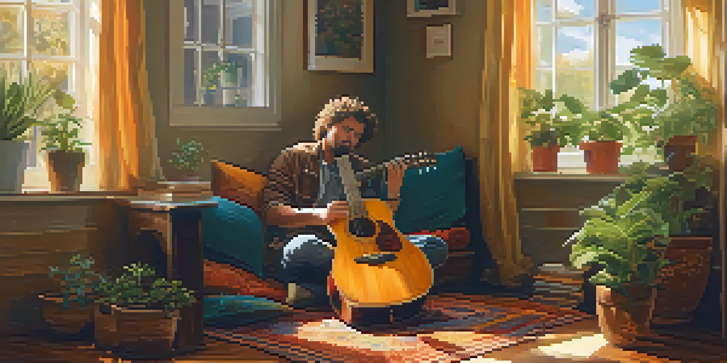 A musician sitting on a rug, playing an acoustic guitar by a sunlit window with plants and cushions around.