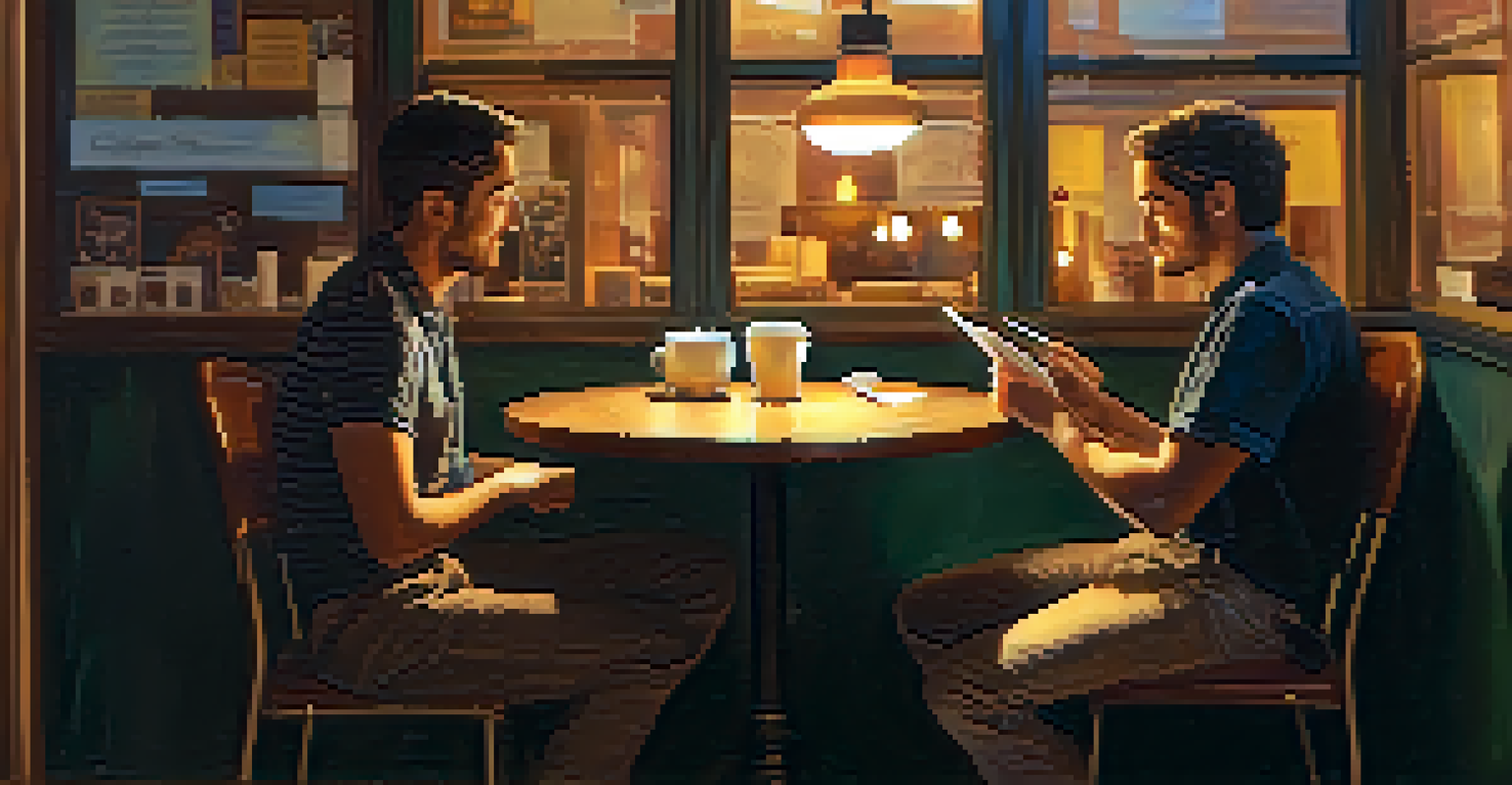 Two musicians in a coffee shop sharing a notebook filled with song lyrics, with a guitar and coffee on the table.