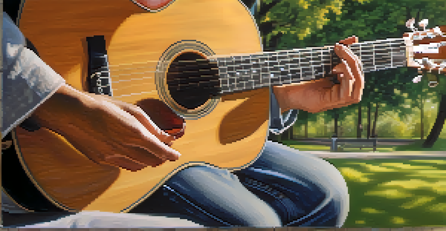 Close-up of a guitarist's hands playing an acoustic guitar in a tranquil park, with a blurred background highlighting the beauty of music.