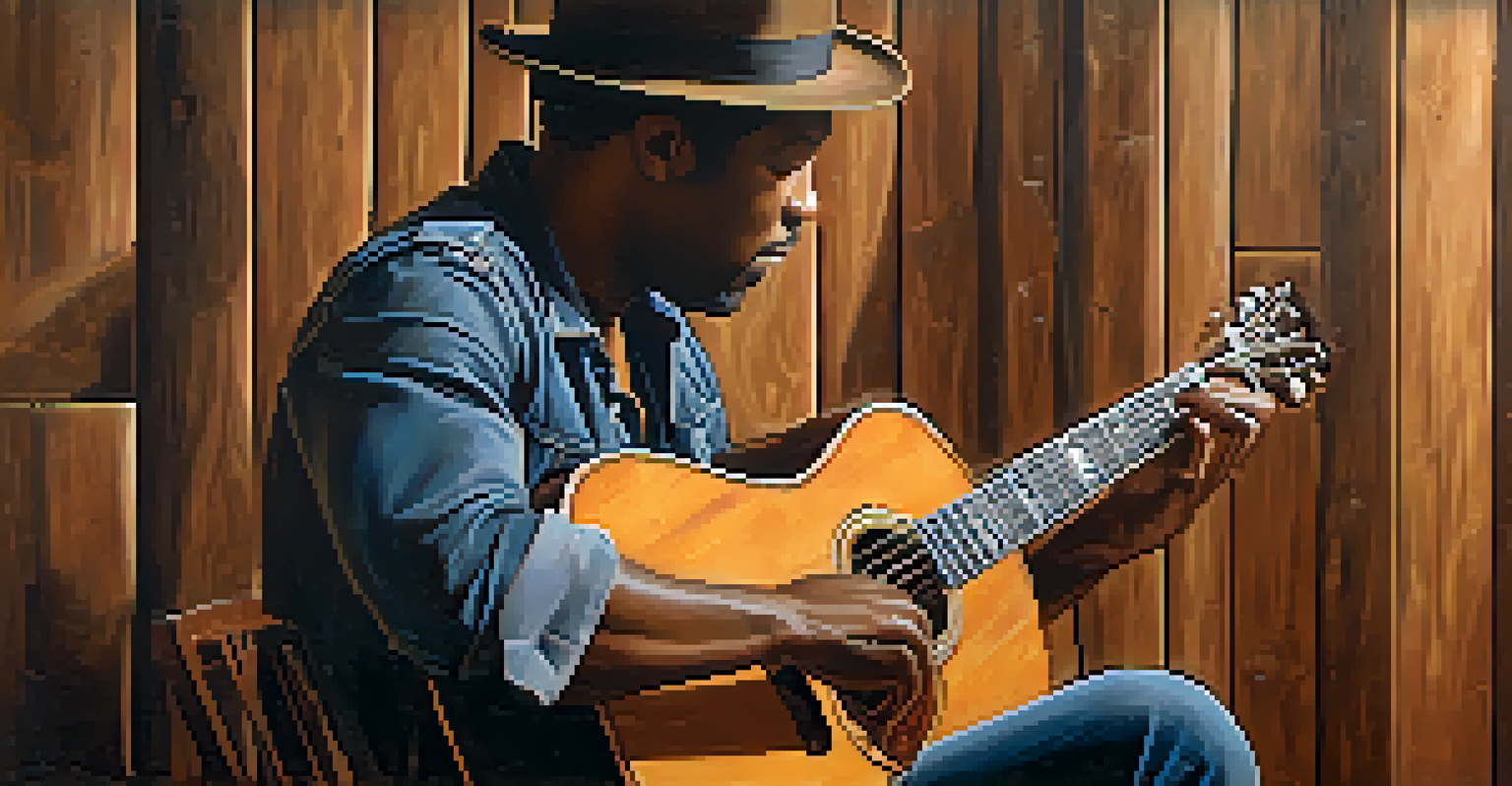 A blues musician using a glass slide on an acoustic guitar against a rustic wooden backdrop.