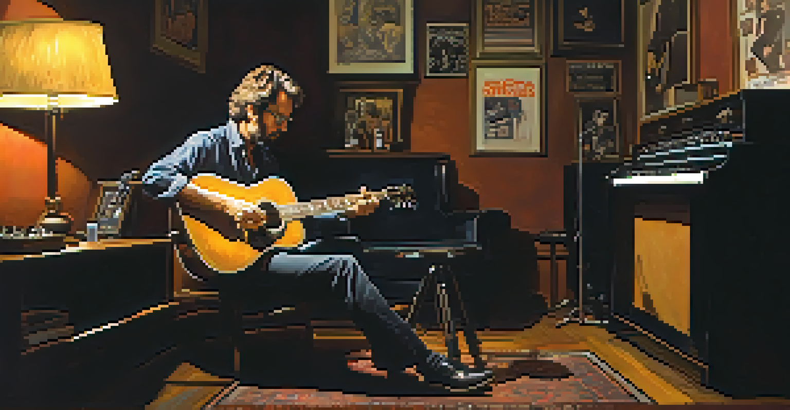 Eric Clapton sits on a stool playing guitar in a dimly lit room, with warm lighting and vintage decor, creating an intimate atmosphere.
