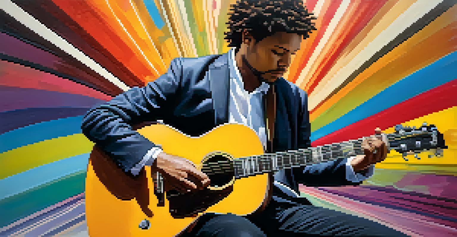 A guitarist improvising with colorful sound waves visualizing the music in a creative atmosphere filled with musical instruments.