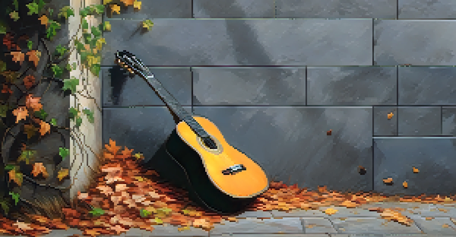 A classical guitar leaning against a stone wall with climbing vines, warm tones of the guitar contrast with the stone, and fallen leaves on the ground.