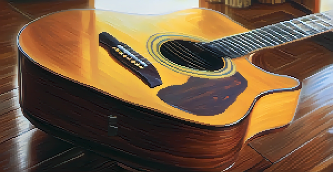 A polished acoustic guitar on a wooden table in a cozy living room setting, with warm light highlighting its finish.