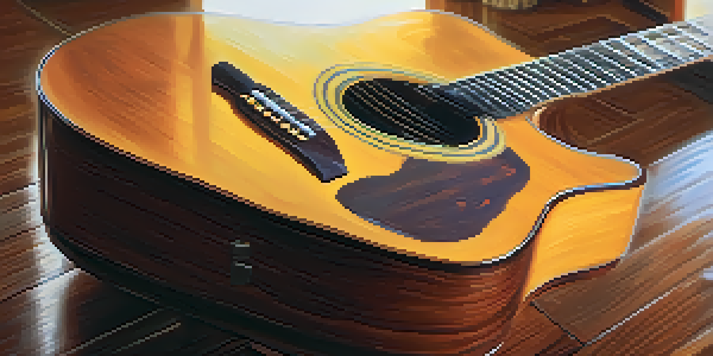 A polished acoustic guitar on a wooden table in a cozy living room setting, with warm light highlighting its finish.