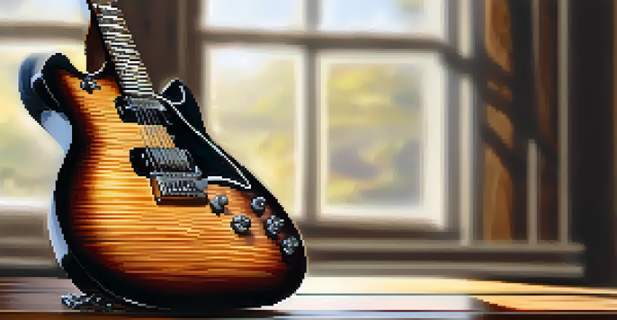 A close-up of a classic electric guitar on a wooden table with sunlight highlighting its features.