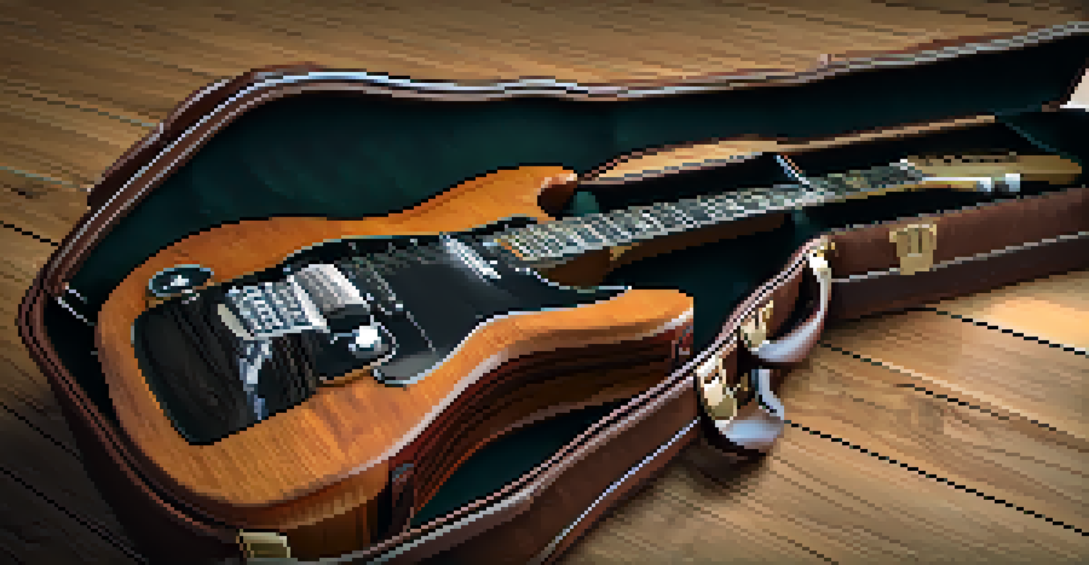 Close-up of a hard guitar case interior with an electric guitar and organized compartments for accessories, illuminated by soft light.