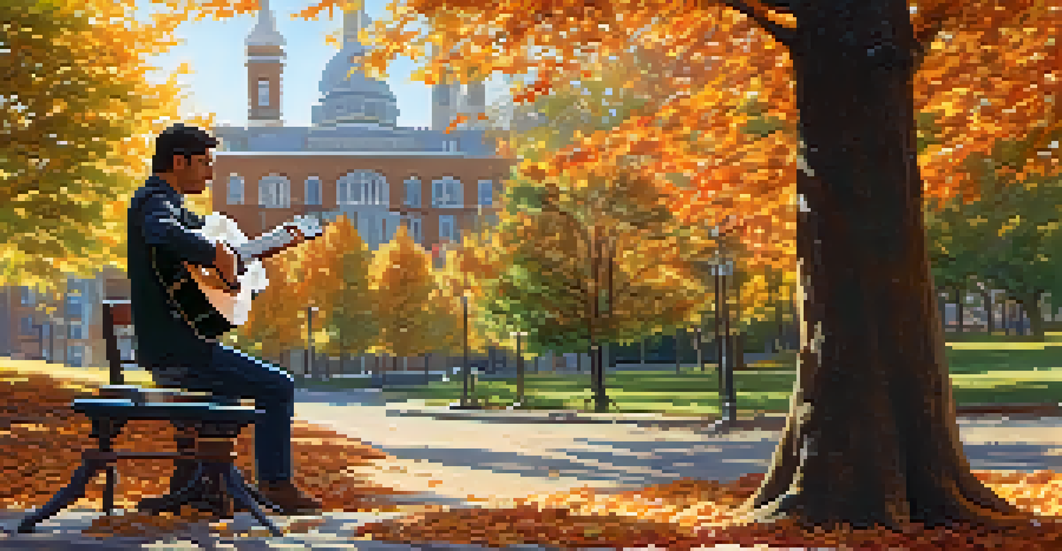 A musician playing an acoustic guitar in a park during autumn, with sunlight filtering through trees and sheet music on a stand.