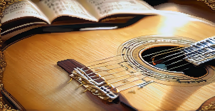 A close-up of a wooden acoustic guitar on a music sheet with handwritten notes and tablature, illuminated by soft golden light.