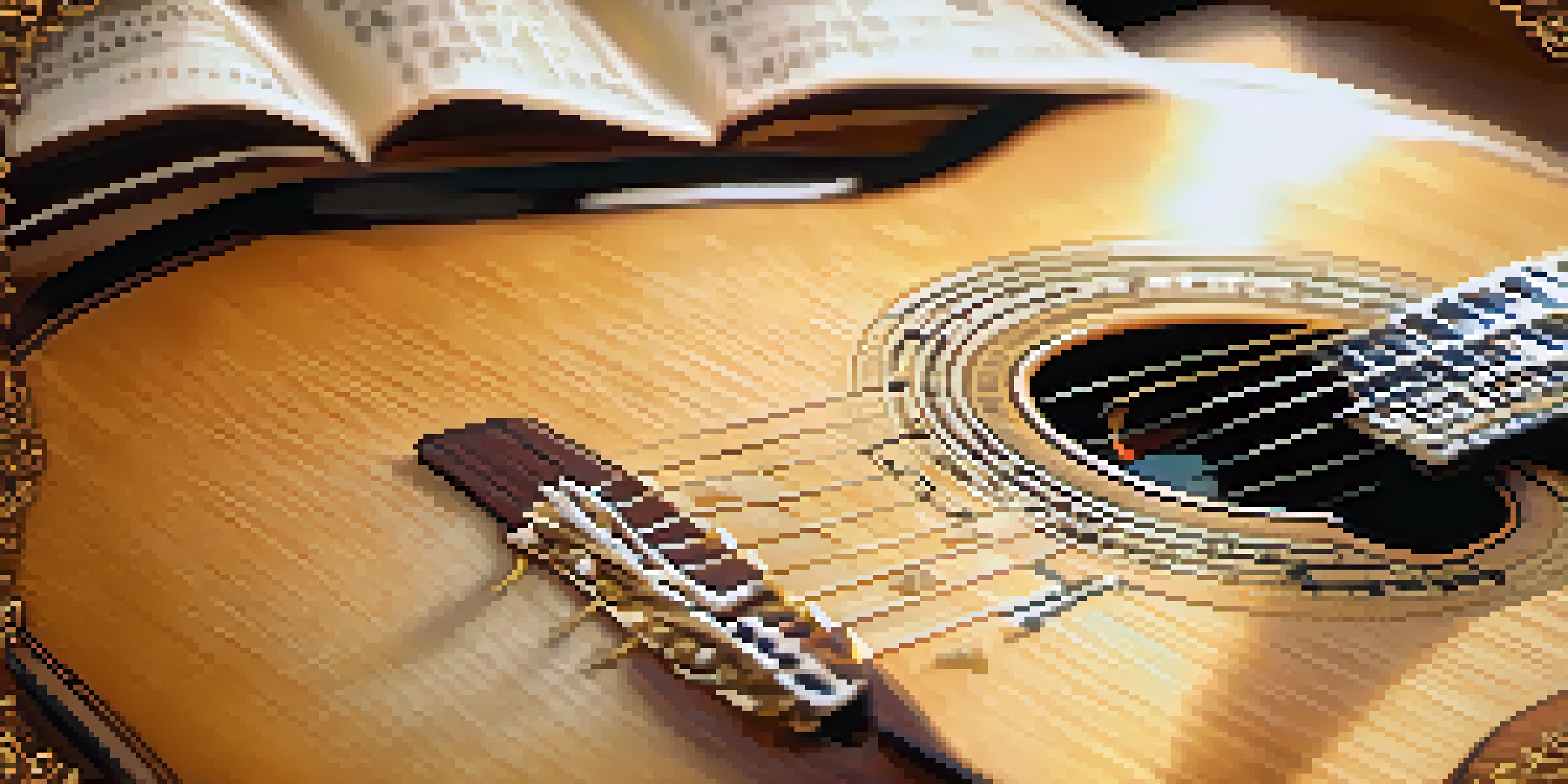 A close-up of a wooden acoustic guitar on a music sheet with handwritten notes and tablature, illuminated by soft golden light.