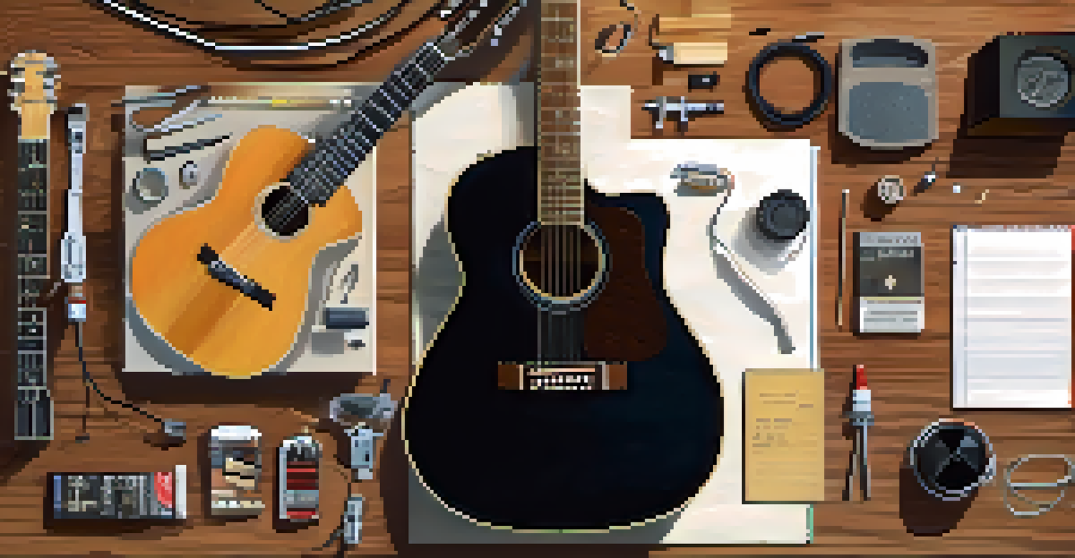 An overhead view of a guitar setup workspace with an open guitar, tools, and a notepad for maintenance notes on a wooden table.