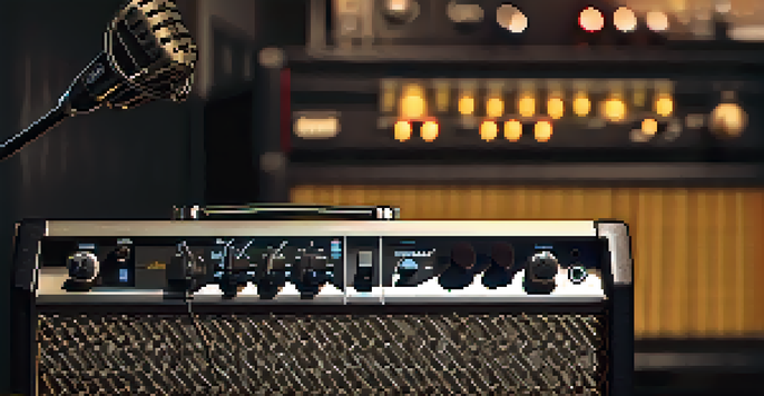 Close-up of a Shure SM57 dynamic microphone in front of an electric guitar amplifier, with warm studio lighting.
