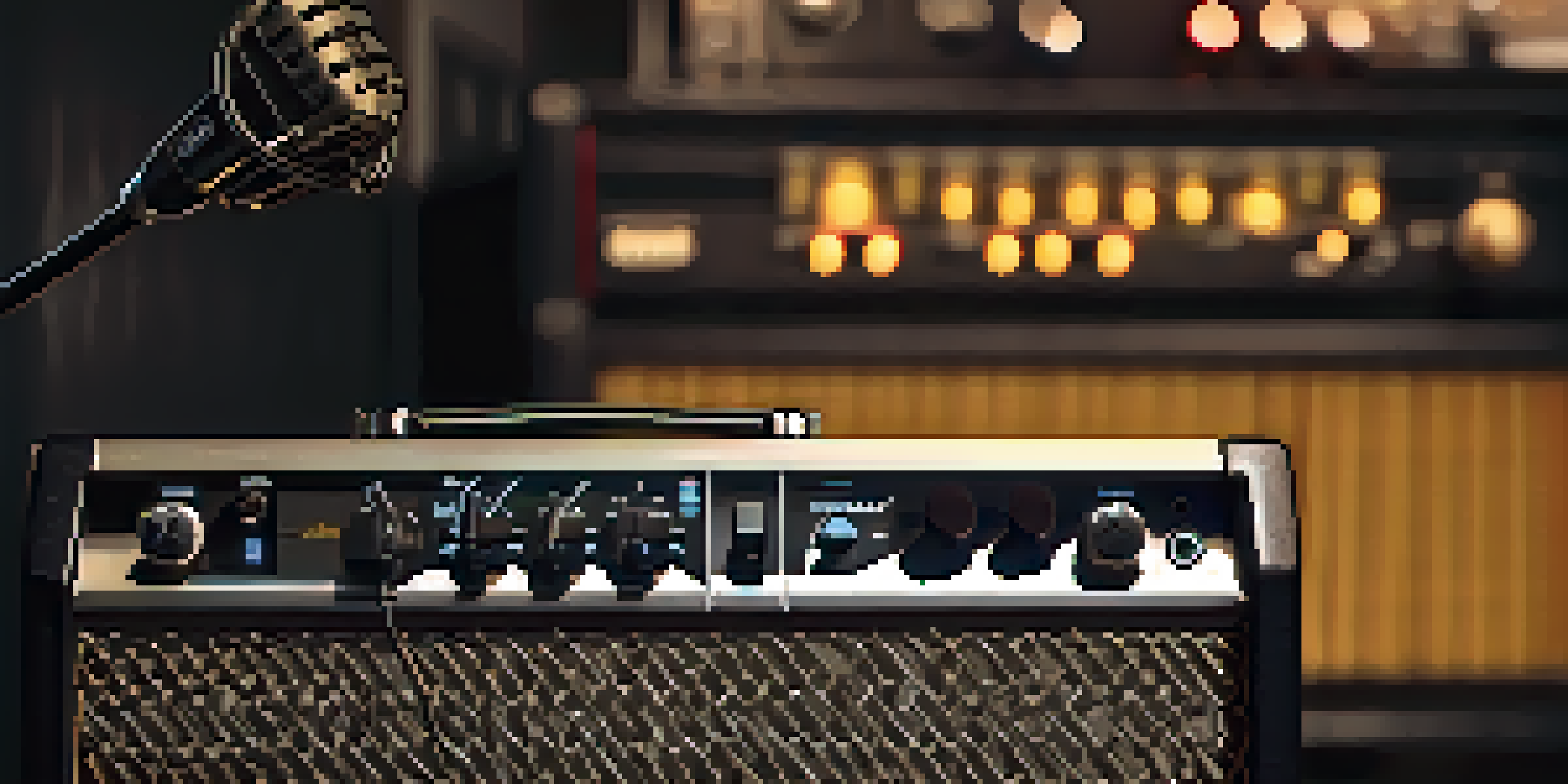 Close-up of a Shure SM57 dynamic microphone in front of an electric guitar amplifier, with warm studio lighting.