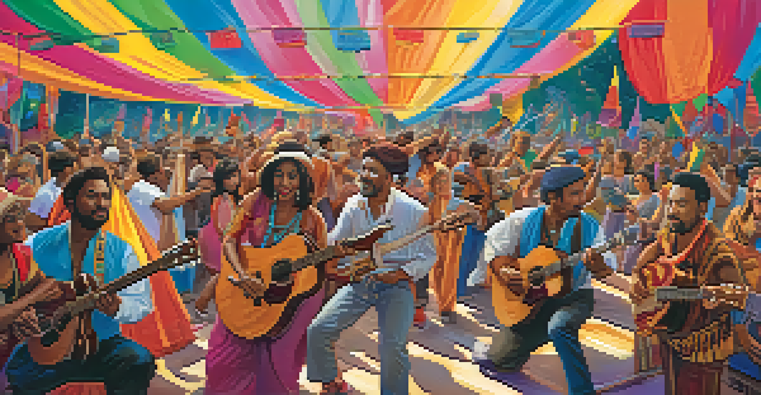 A lively festival with musicians playing guitars on stage, surrounded by a dancing crowd and colorful decorations.