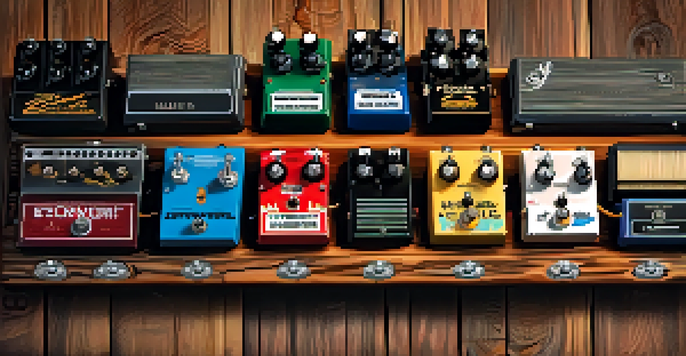 A close-up view of several guitar reverb pedals arranged on a pedalboard, illuminated by warm lighting against a textured wood background.