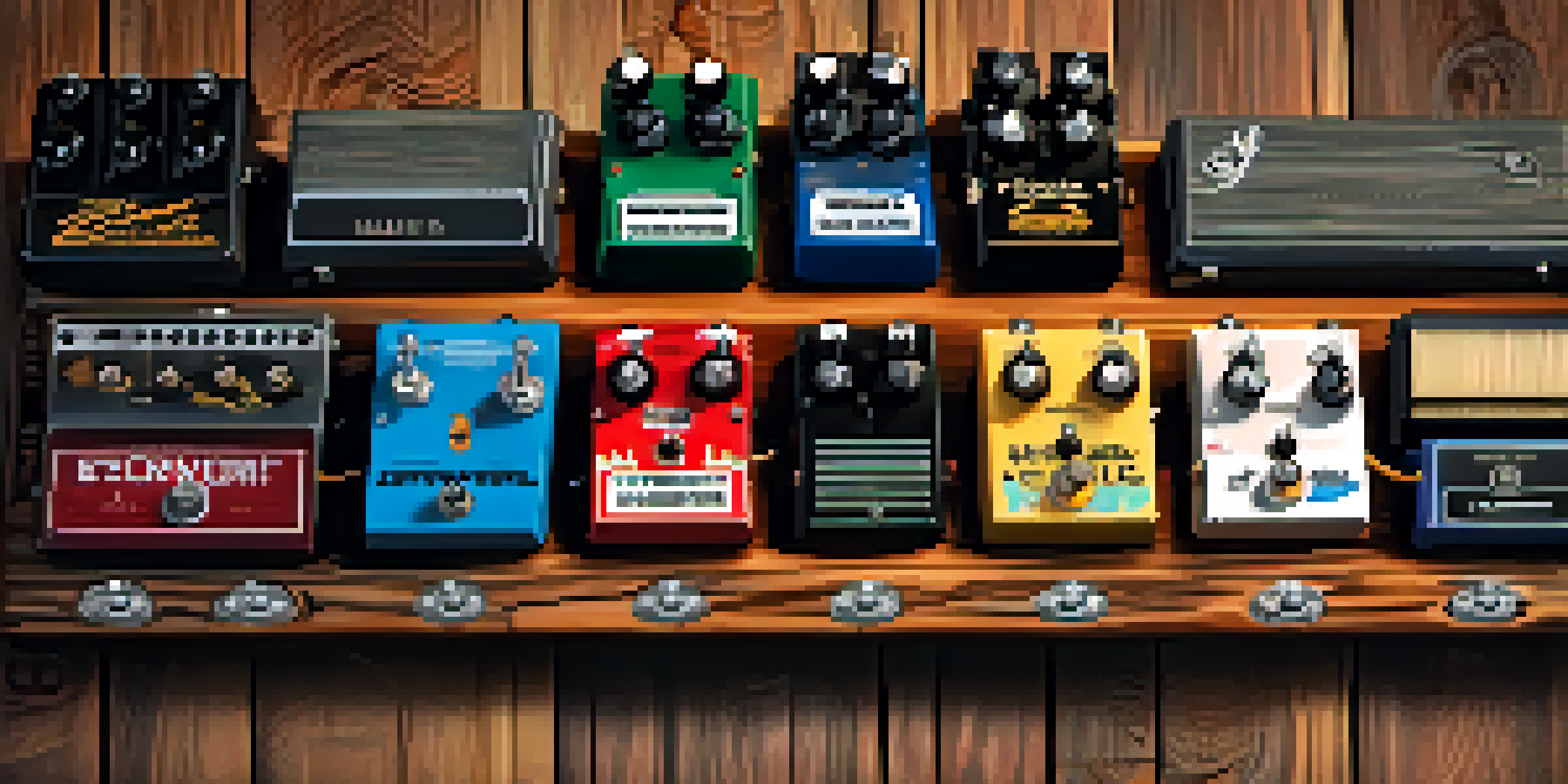 A close-up view of several guitar reverb pedals arranged on a pedalboard, illuminated by warm lighting against a textured wood background.