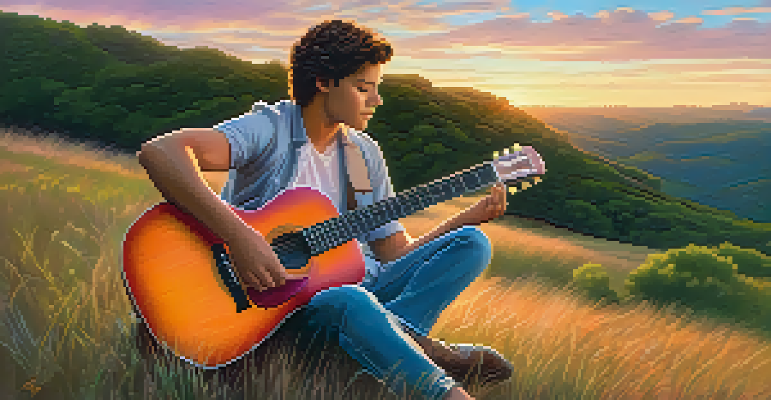 A young musician sitting on a grassy hill, playing an acoustic guitar during sunset.