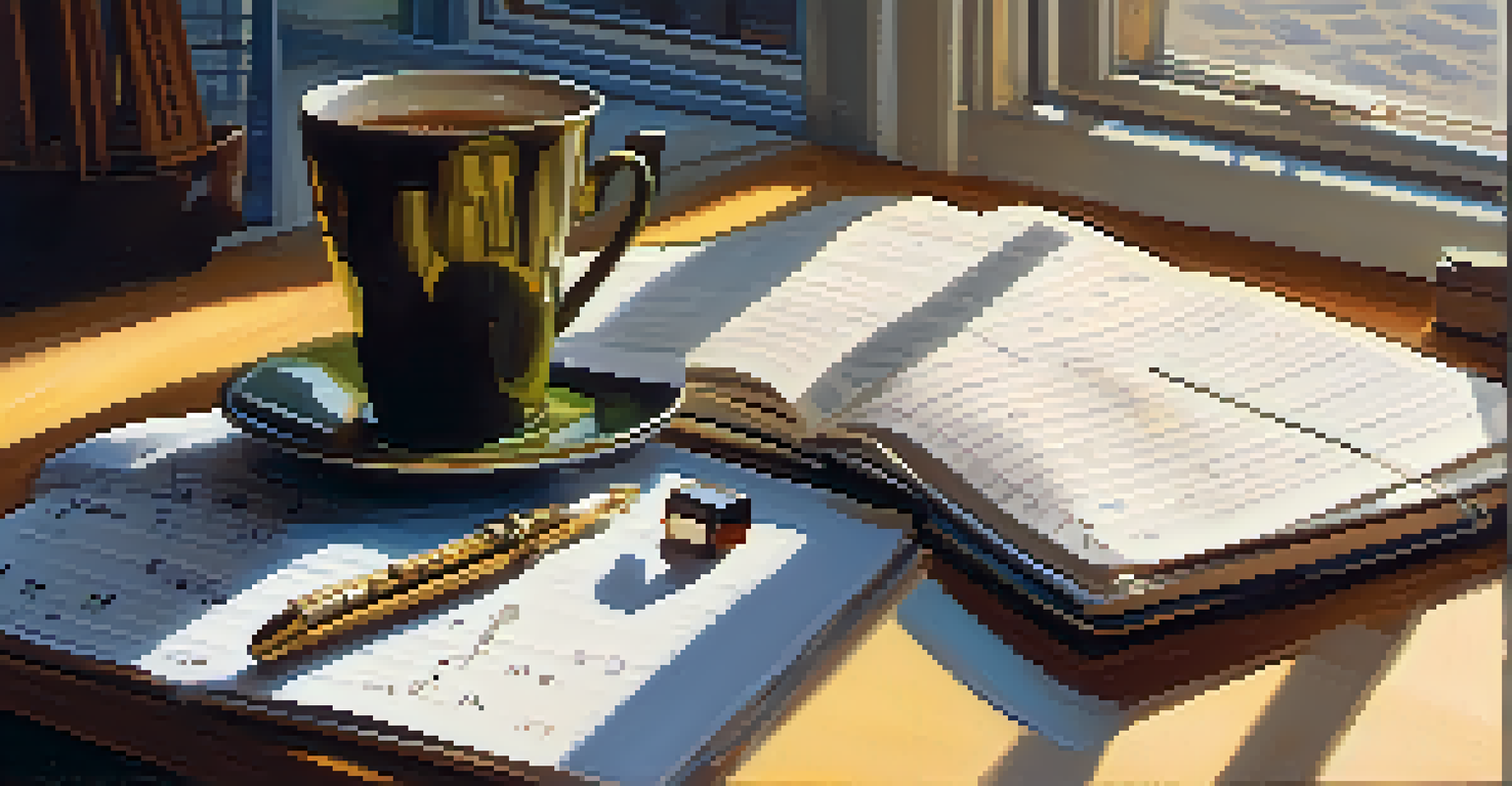 A still life of a musician's notebook with handwritten scales, a vintage metronome, a cup of coffee, and a guitar pick, illuminated by soft morning light.