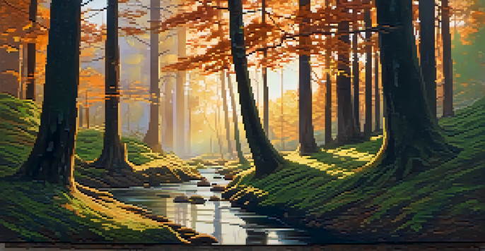 A peaceful forest with sunlight filtering through trees, creating shadows on the ground. The colors are warm and inviting.