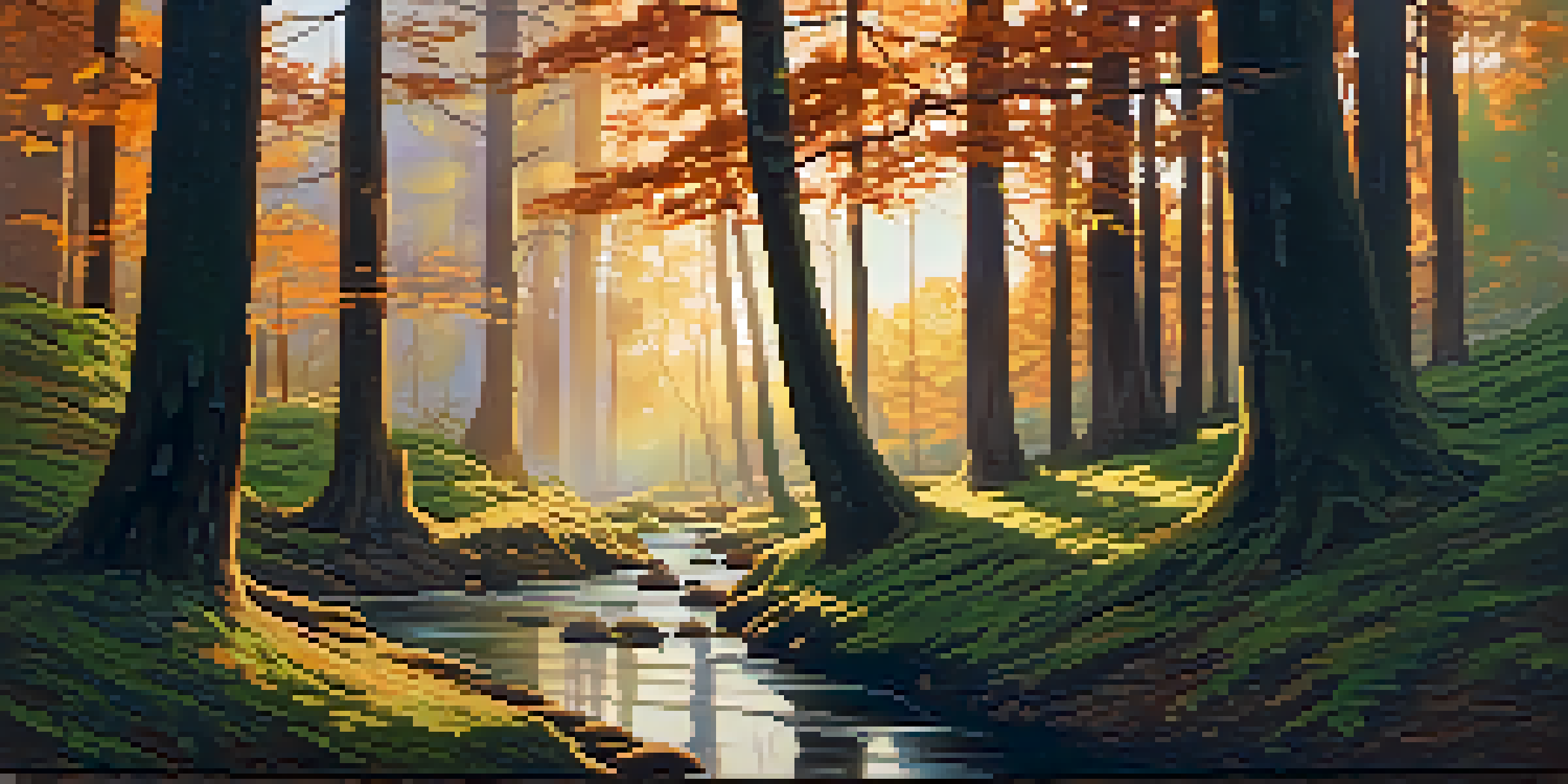 A peaceful forest with sunlight filtering through trees, creating shadows on the ground. The colors are warm and inviting.
