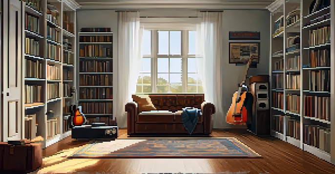 A warm and inviting music room with hardwood floors, a vintage guitar, and sunlight coming through a window.