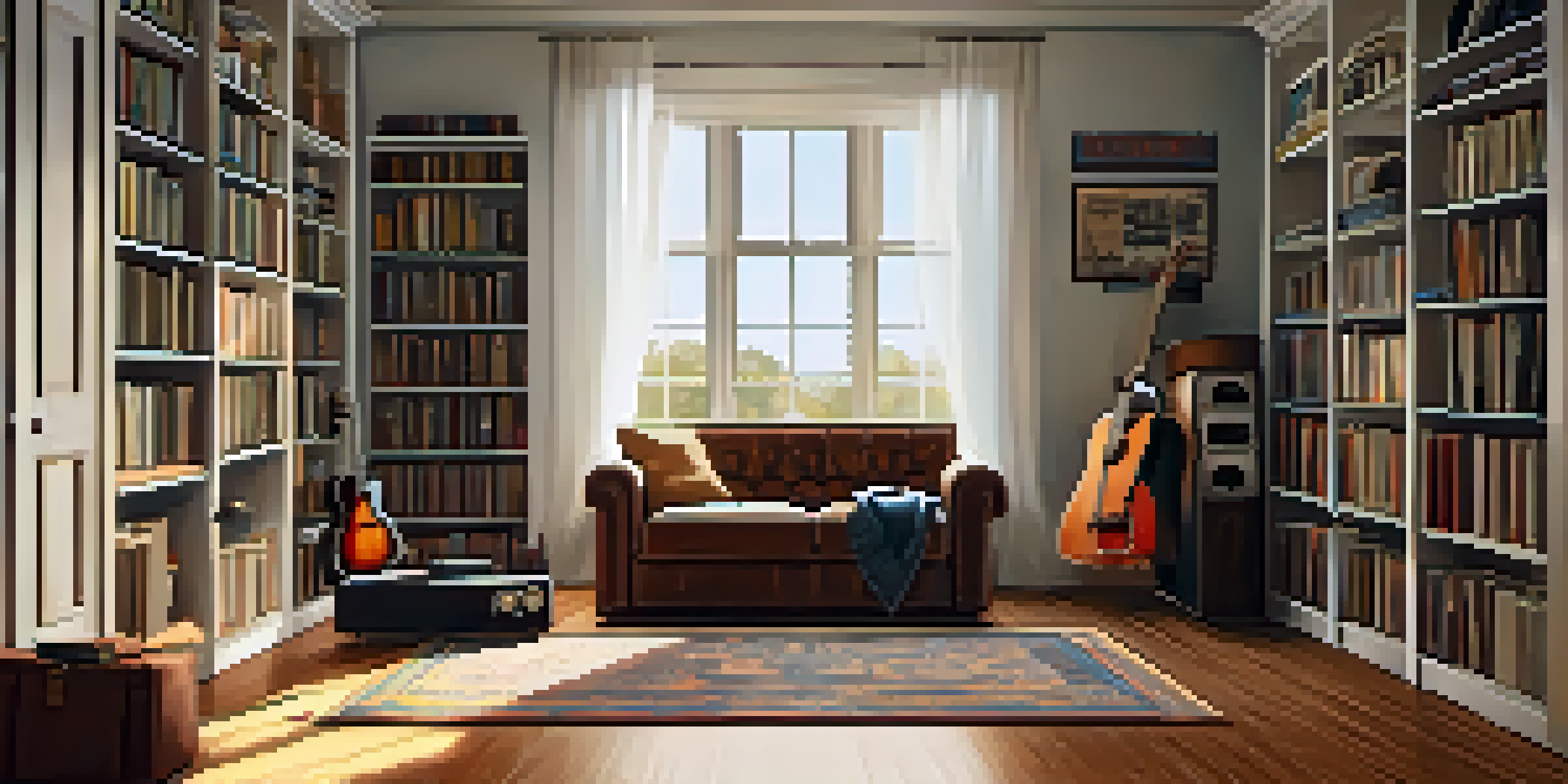 A warm and inviting music room with hardwood floors, a vintage guitar, and sunlight coming through a window.