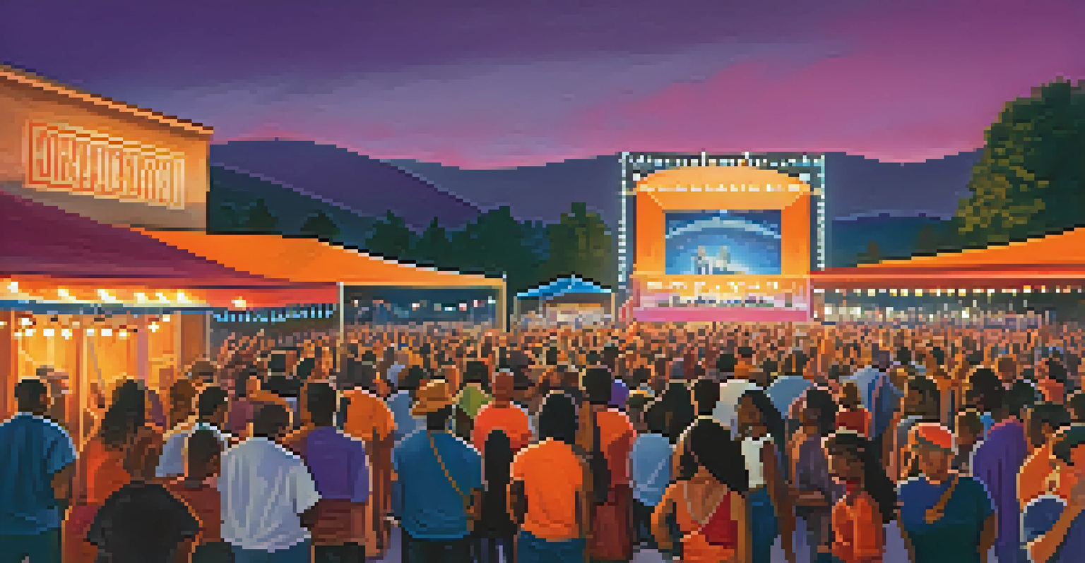 A vibrant outdoor blues festival with a diverse crowd enjoying live music, colorful stage lights, and a sunset sky.
