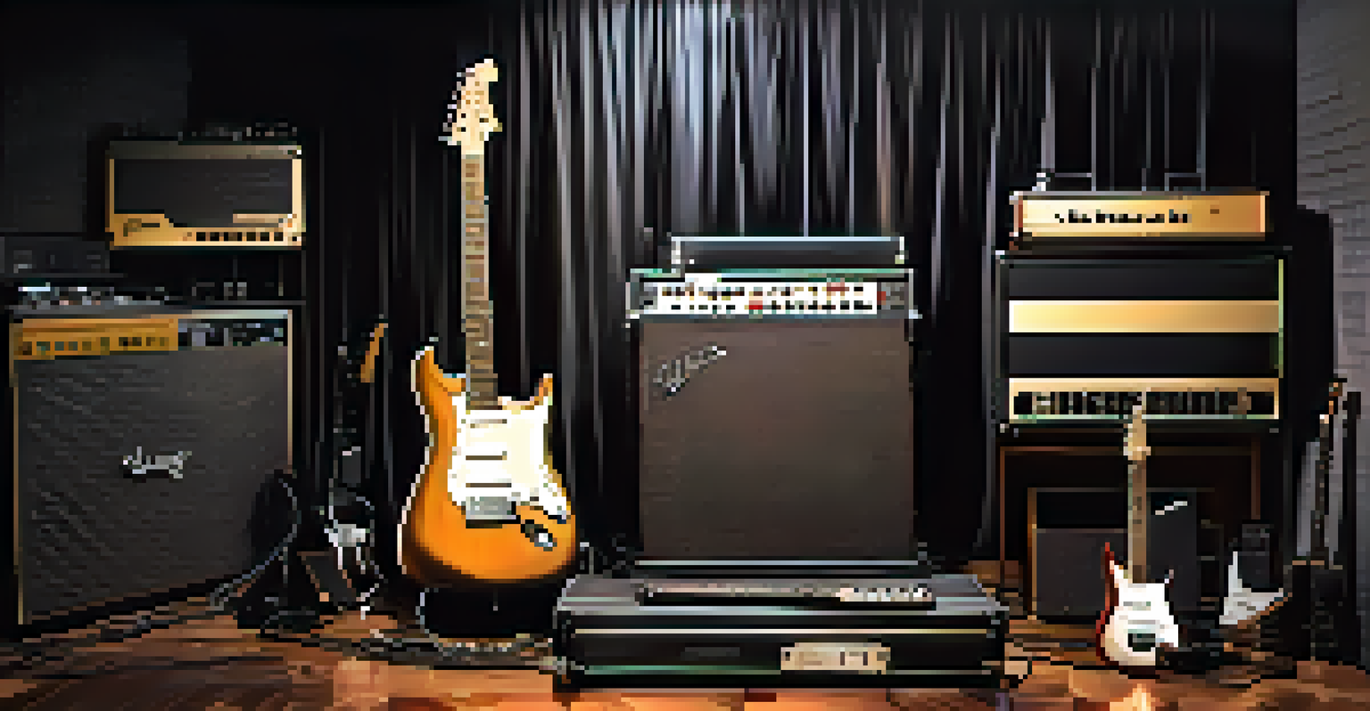 A heavy metal guitar with effects pedals and amplifiers in a dimly lit rehearsal space.