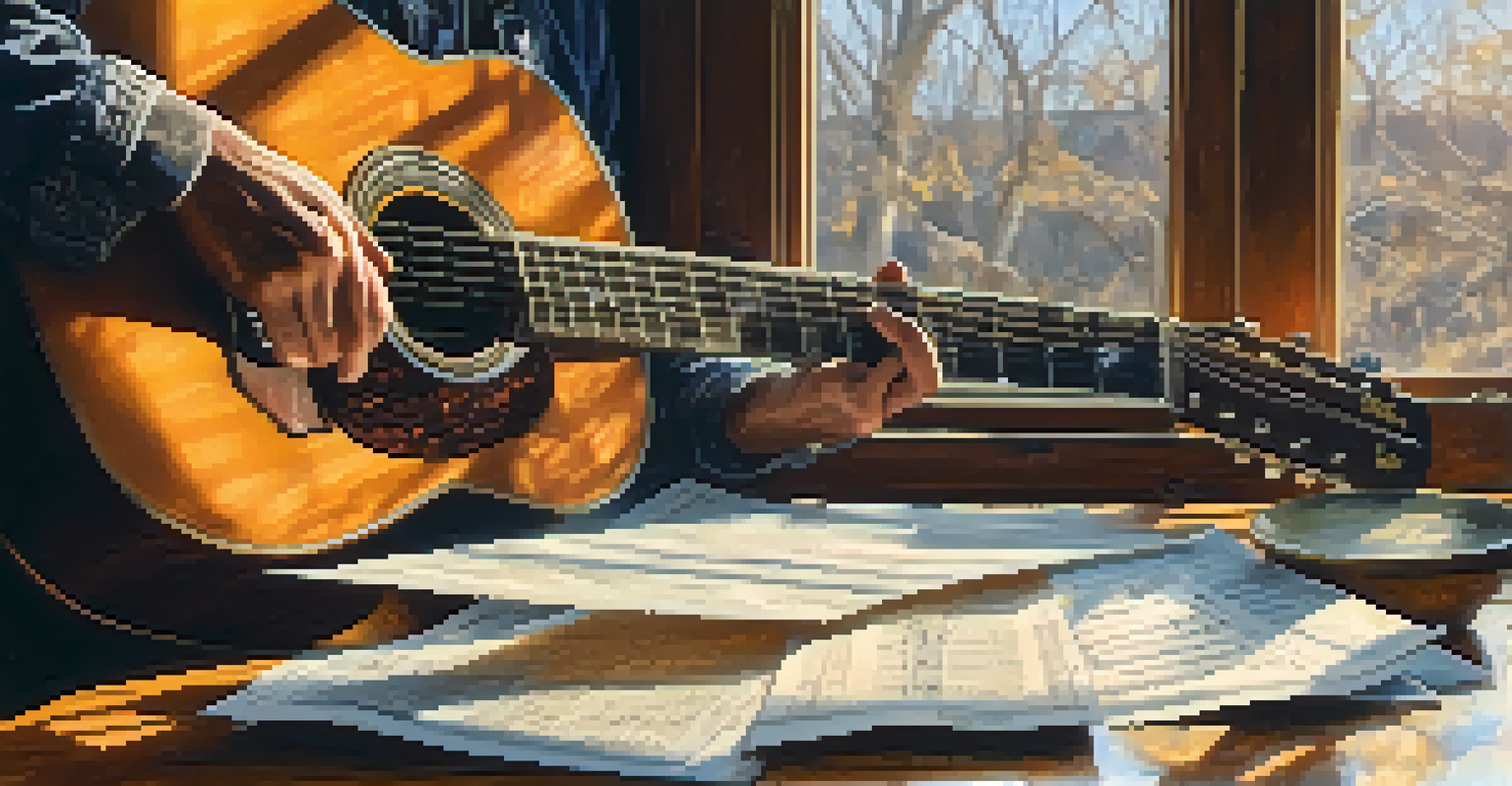 An artist playing an acoustic guitar, with sheet music on a rustic table and sunlight filtering through a window.