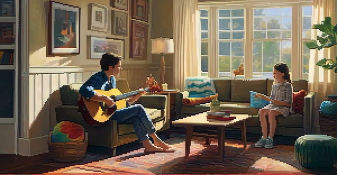 A parent teaching a child to play guitar in a cozy living room filled with family photos and warm sunlight.