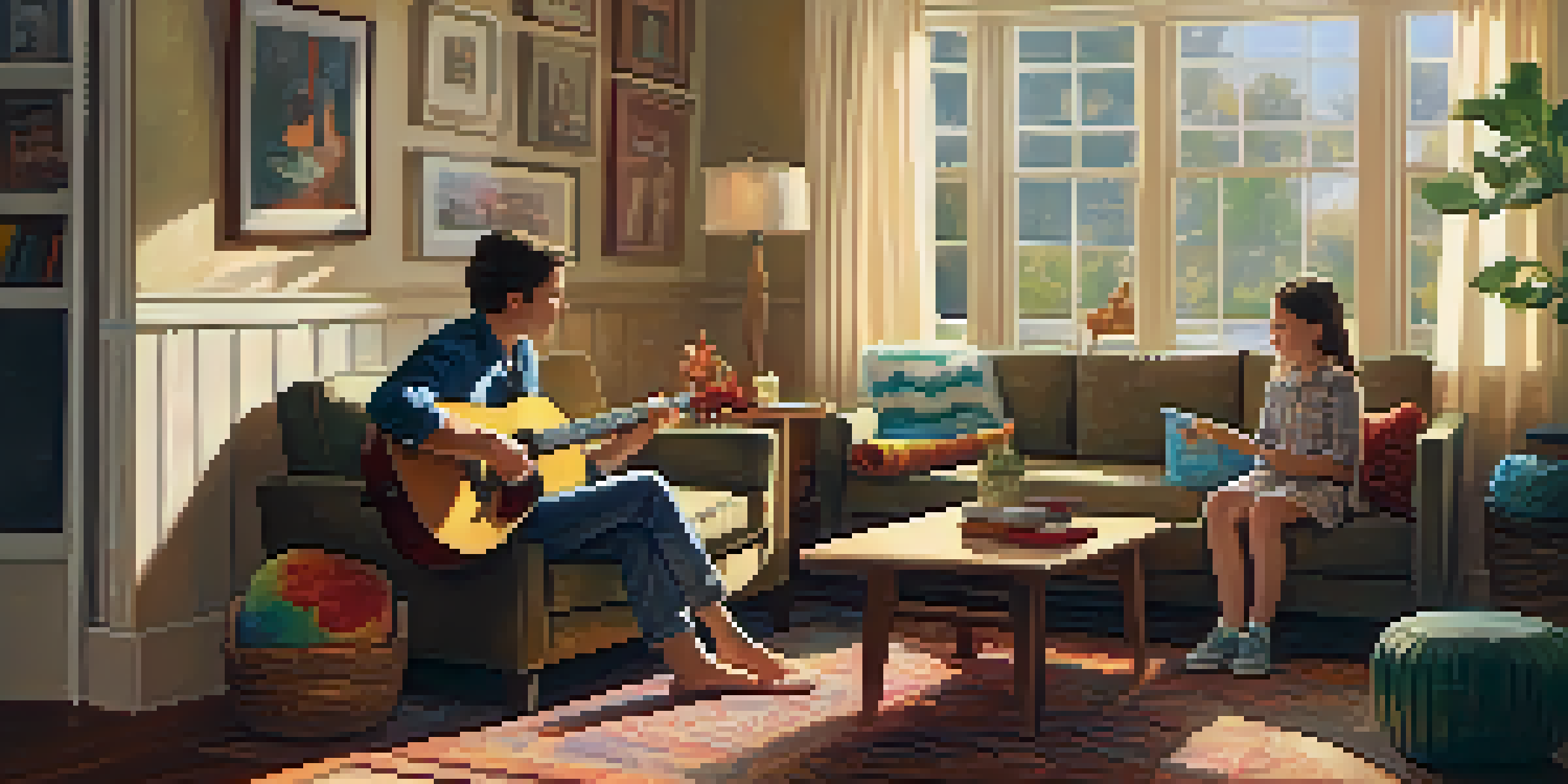 A parent teaching a child to play guitar in a cozy living room filled with family photos and warm sunlight.
