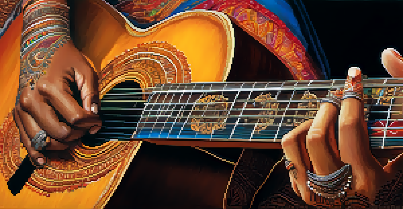 Close-up of a guitarist's hands playing a classical guitar with henna designs, set against a vibrant festival background.