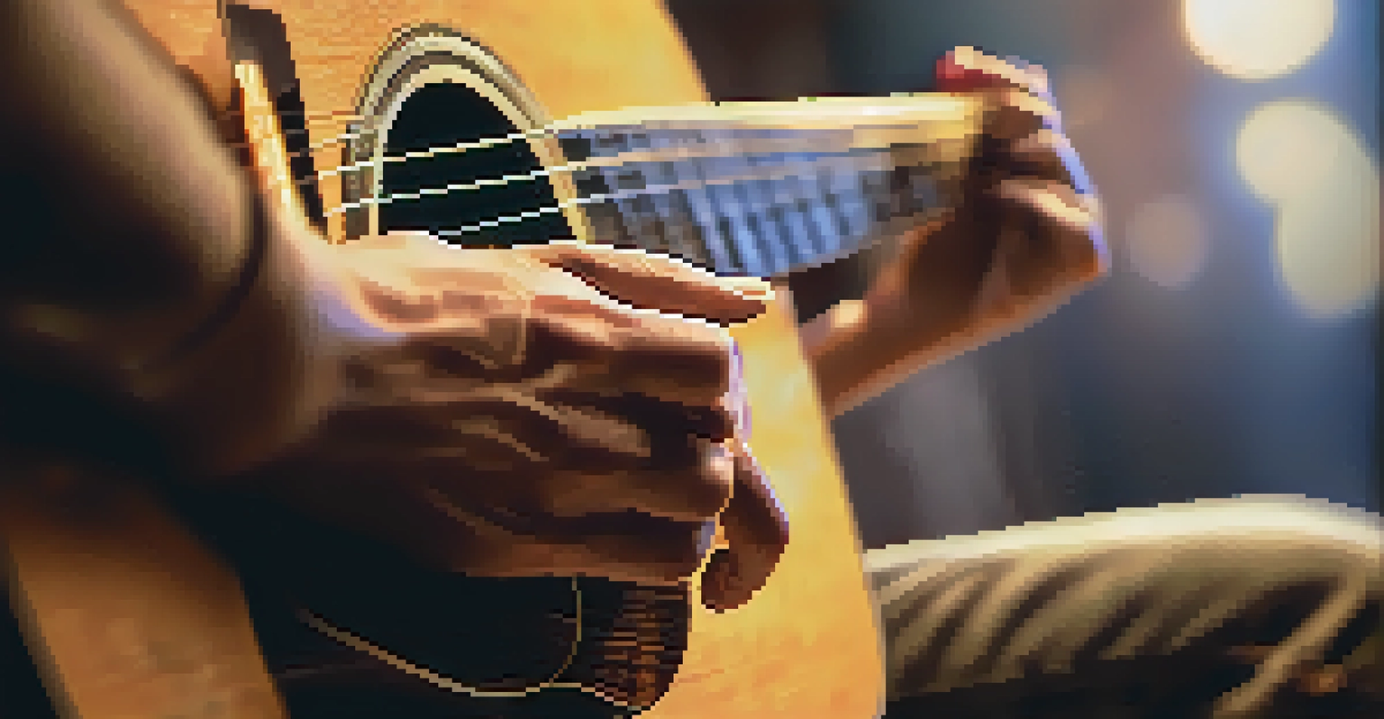 Close-up of a musician's hands fingerpicking an acoustic guitar on a rustic stage.