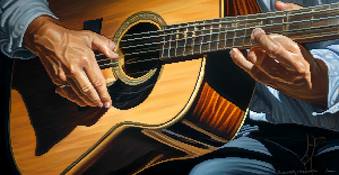 Close-up of a guitarist's hands playing an acoustic guitar, showcasing fingerstyle technique with soft lighting.