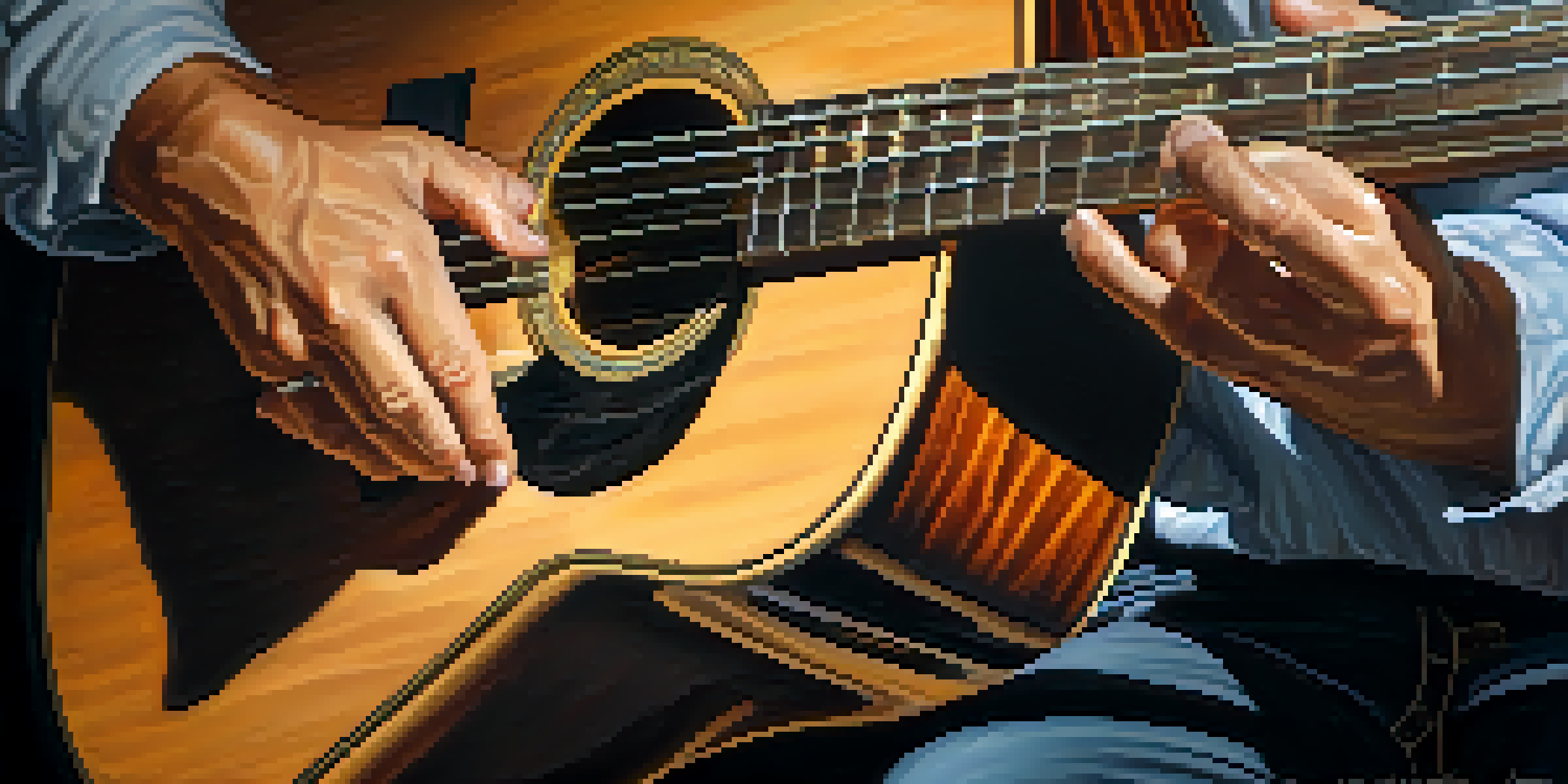 Close-up of a guitarist's hands playing an acoustic guitar, showcasing fingerstyle technique with soft lighting.
