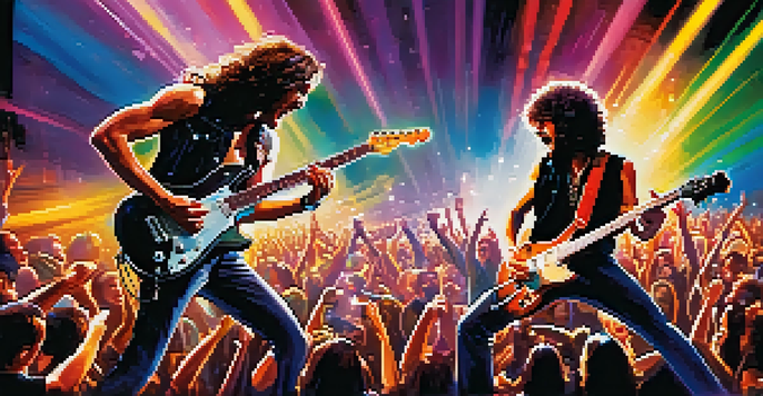 Two metal guitarists performing on stage with colorful lights and an energetic crowd.