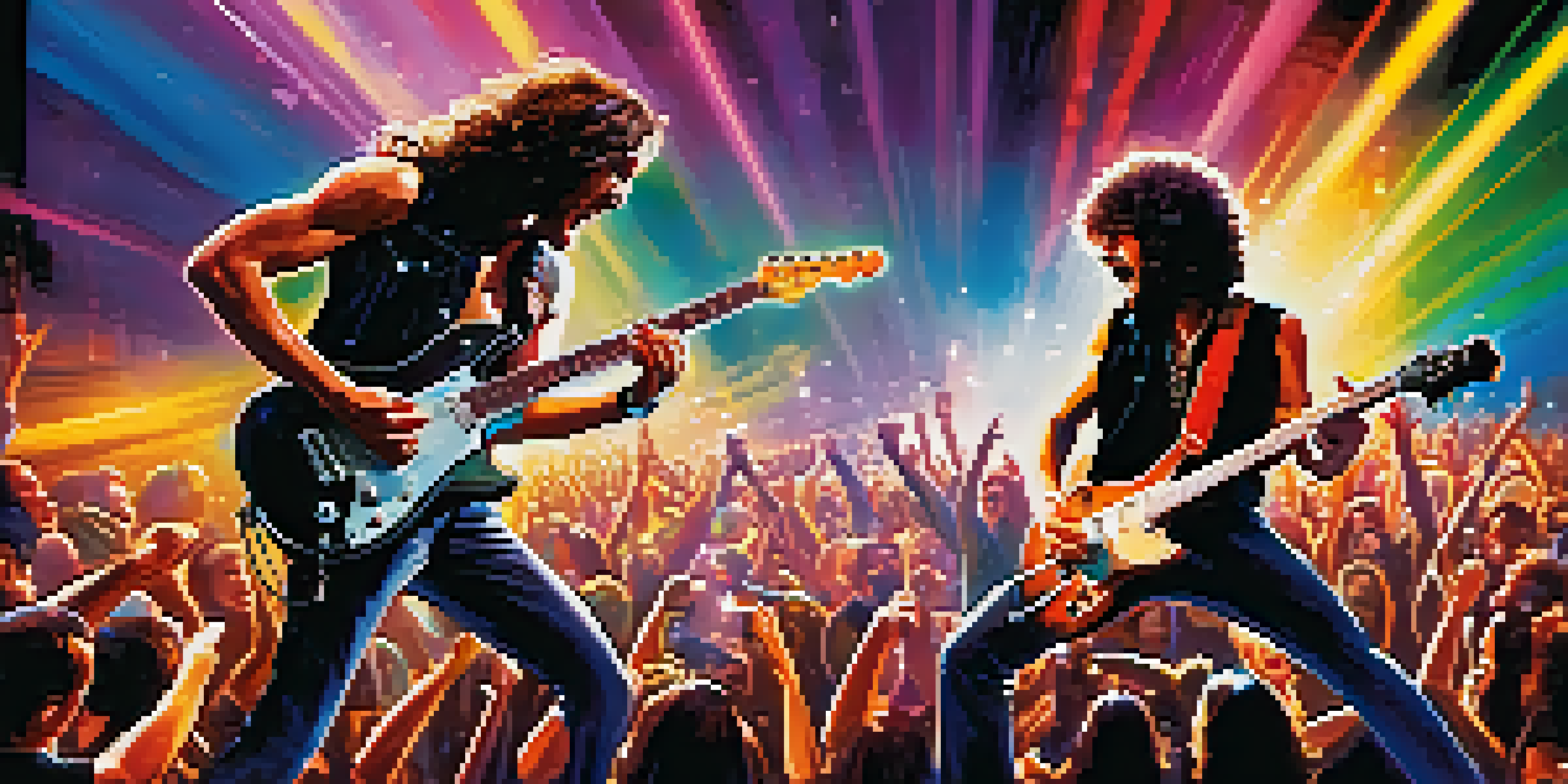 Two metal guitarists performing on stage with colorful lights and an energetic crowd.