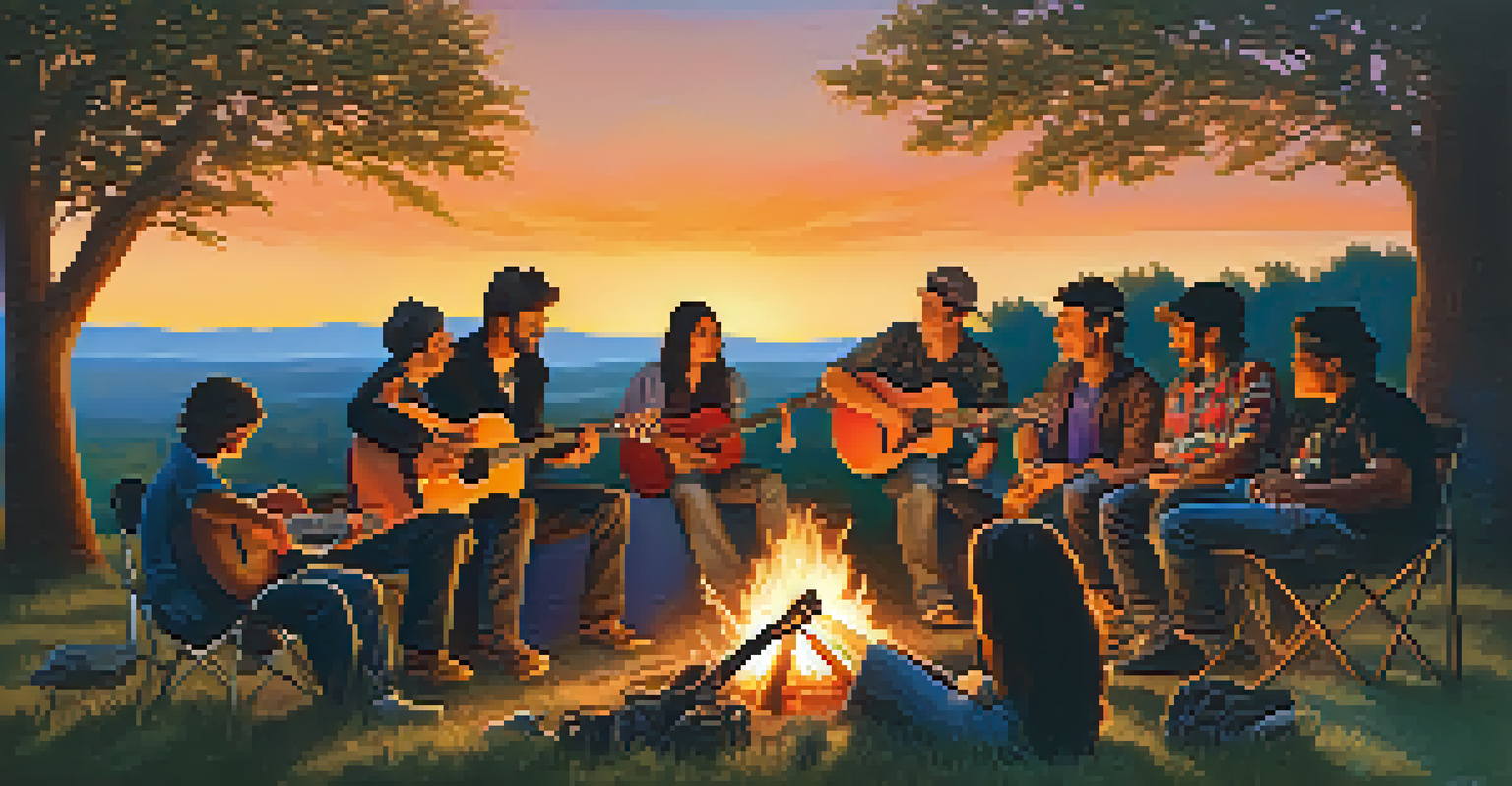 A group of musicians playing guitars around a campfire at sunset, with a warm and vibrant atmosphere.