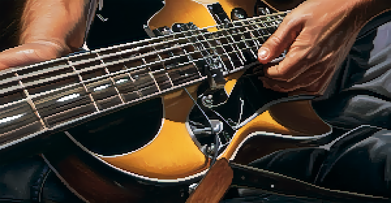 A guitar technician's hands adjusting the bridge of an electric guitar, with tools and the guitar body in view under warm ambient lighting.