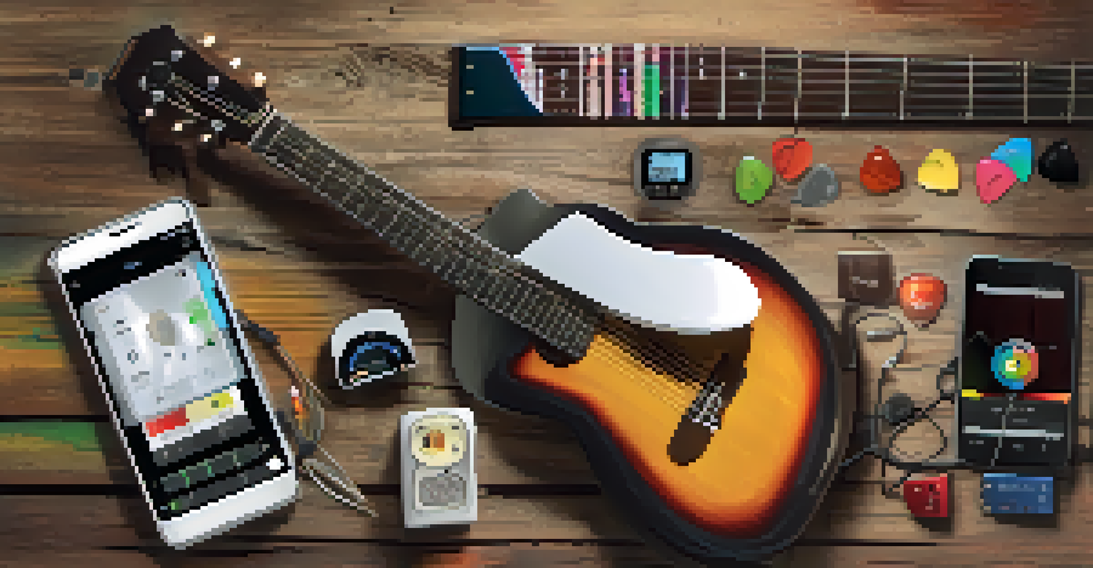 A flat lay of guitar accessories including a guitar pick and smartphone with the Ultimate Guitar app on a rustic wooden background.