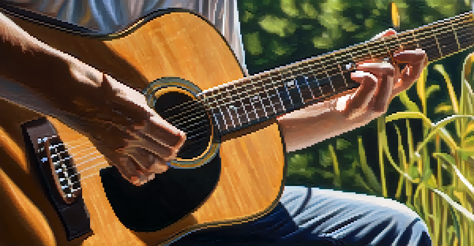 Close-up of hands strumming an acoustic guitar with a sunlit garden in the background.