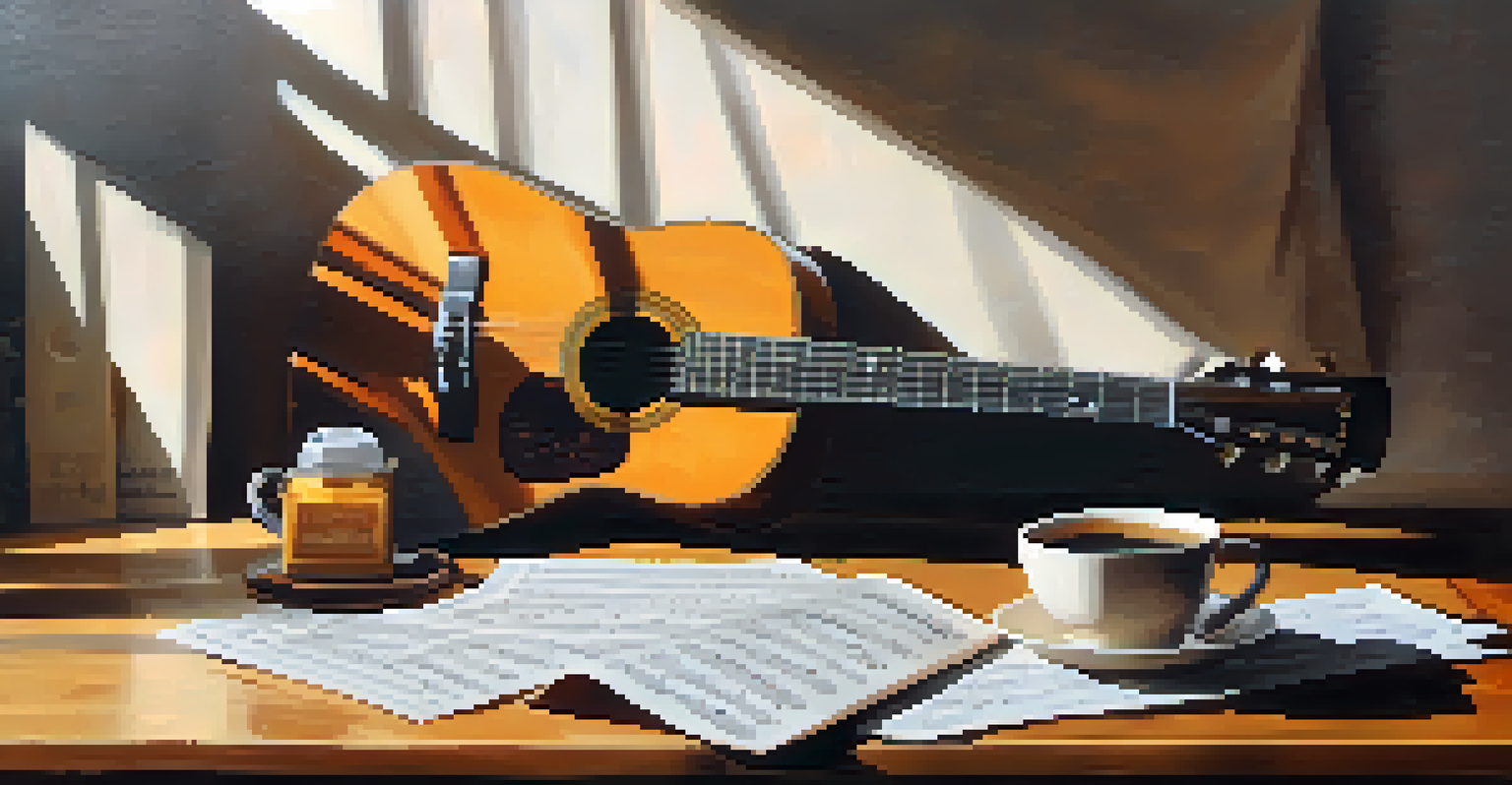 A flat lay image of a guitar on a wooden table with sheet music, a metronome, and a coffee cup, illuminated by soft morning light that enhances the textures of the scene.