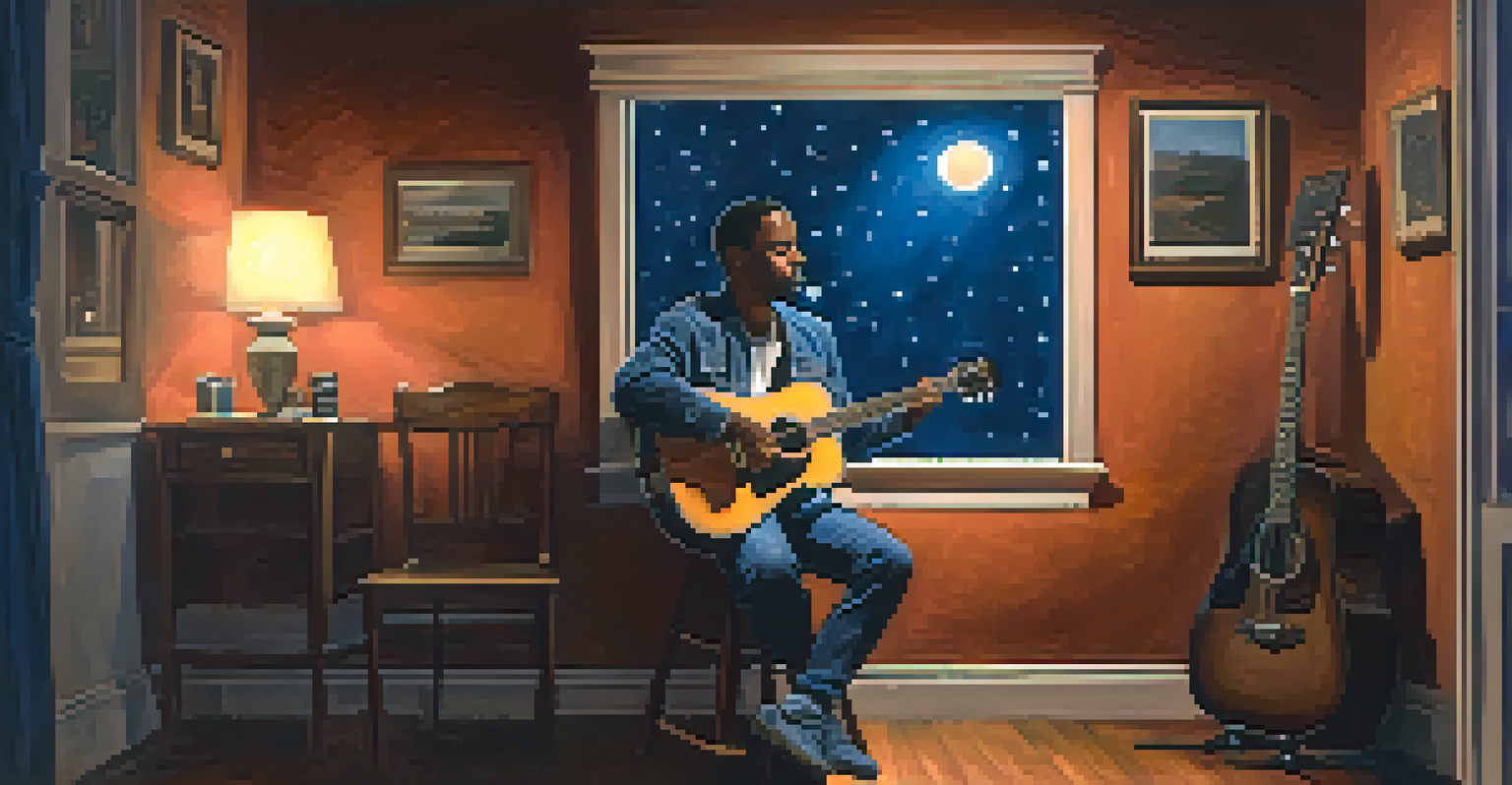 A blues musician sitting on a stool with an acoustic guitar in a dimly lit room, with a window showing a starry night sky.