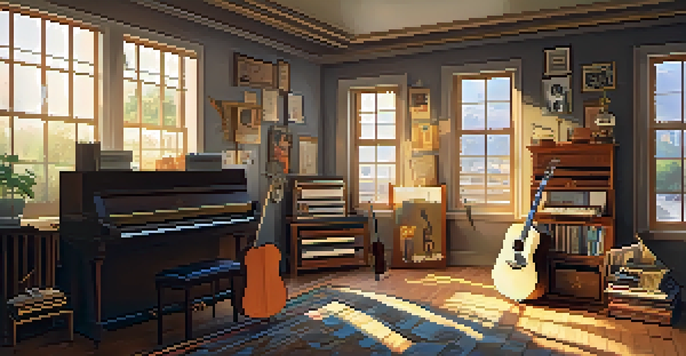 A warm and inviting room filled with musical instruments and sunlight.
