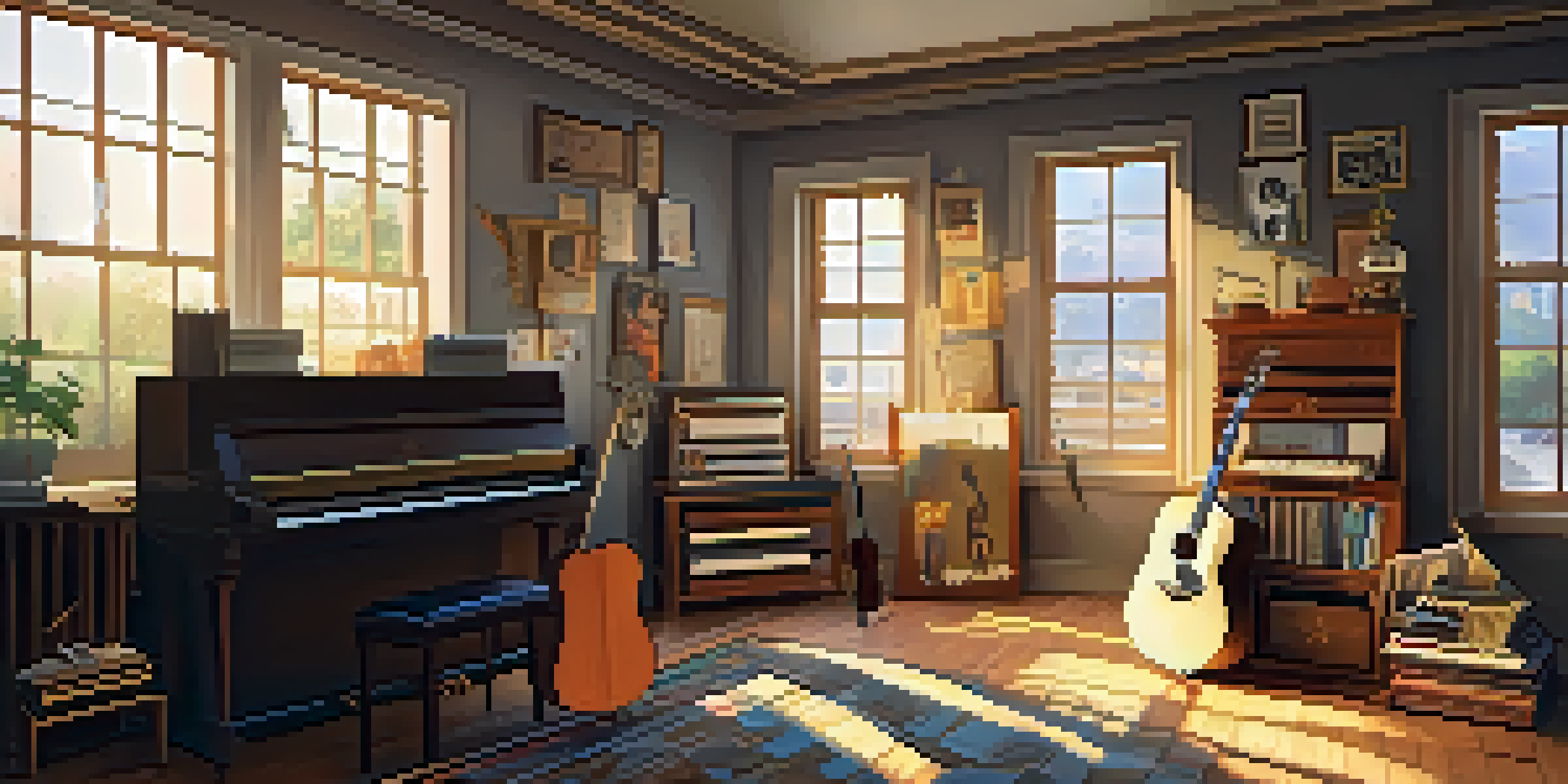 A warm and inviting room filled with musical instruments and sunlight.