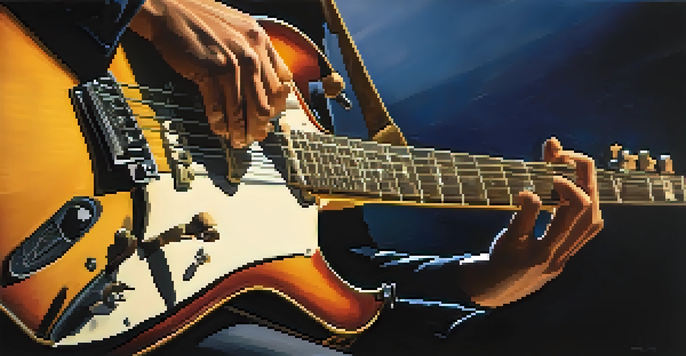 A guitarist's hands delicately playing harmonics on a guitar, with soft stage lighting in the background.