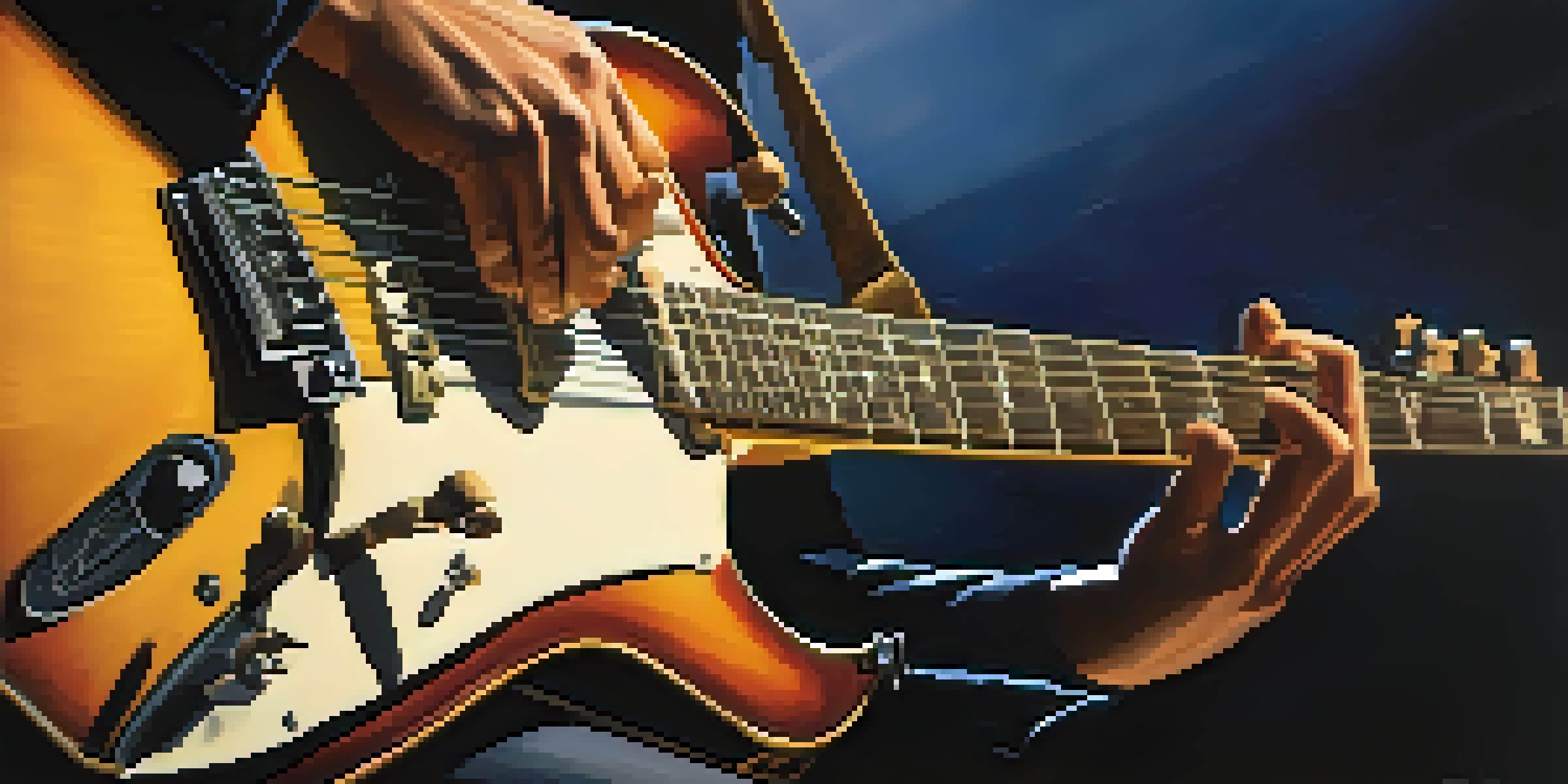 A guitarist's hands delicately playing harmonics on a guitar, with soft stage lighting in the background.