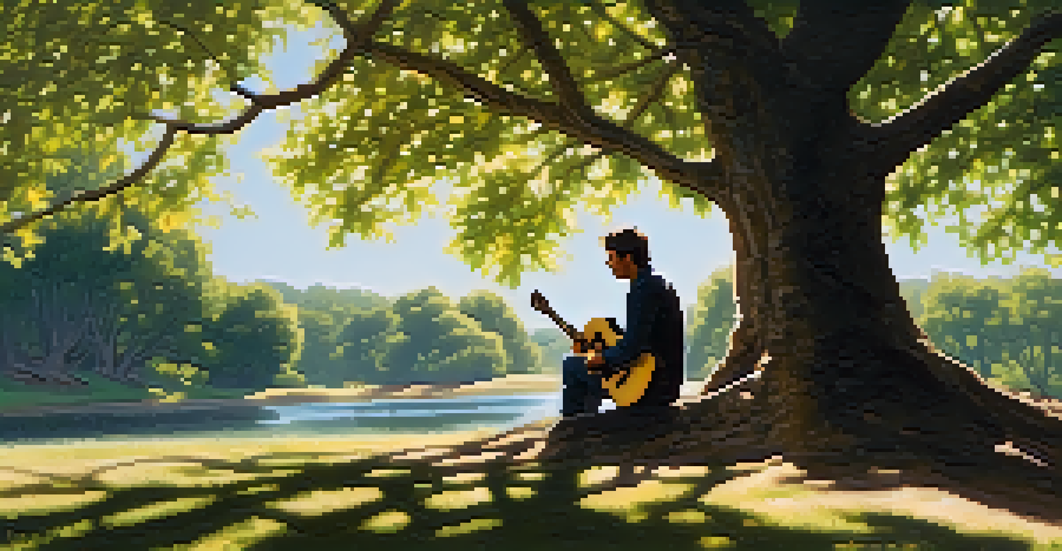 An acoustic guitarist performing outdoors under a tree with sunlight filtering through the leaves, creating a calm atmosphere.
