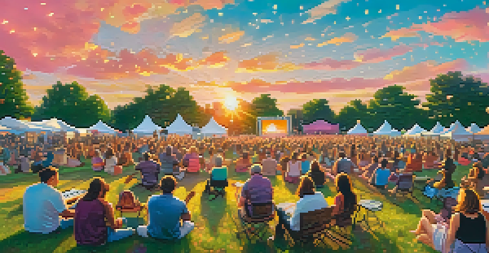 A lively outdoor guitar festival at sunset with a diverse crowd, musicians on stage, and colorful banners.